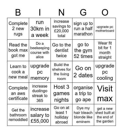 New years resolution Bingo Card