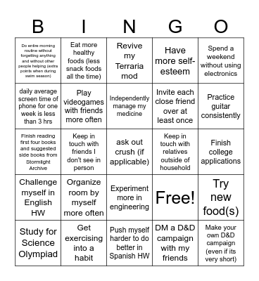 My New Year's Resolutions Bingo Card