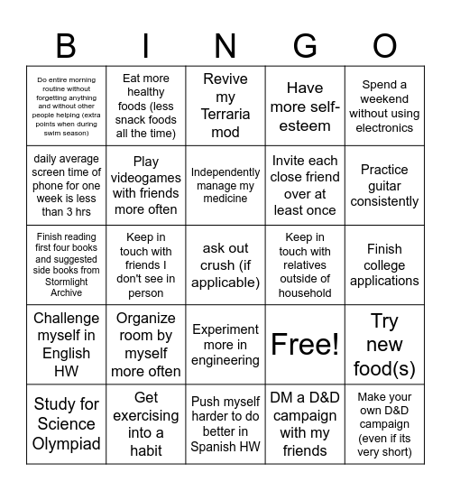 My New Year's Resolutions Bingo Card