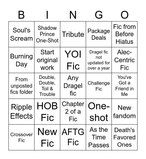 2025 Writing Bingo Card