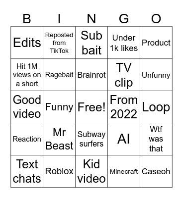 YT Shorts bingo Card