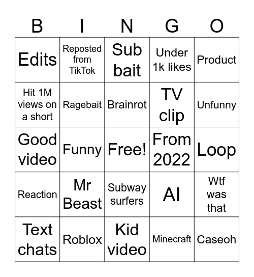 YT Shorts bingo Card