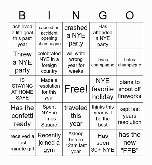 new years bingo Card