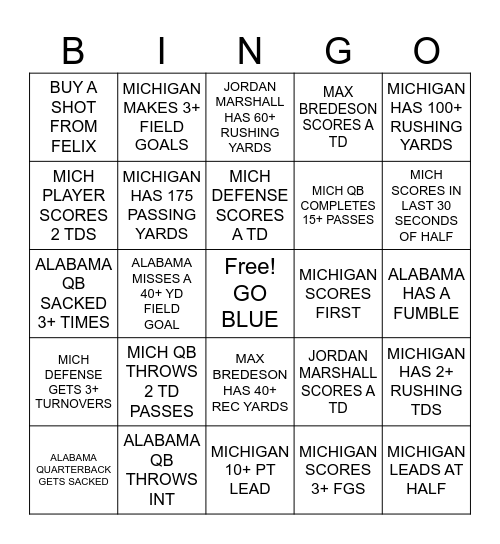 RELIAQUEST BOWL - MICHIGAN VS ALABAMA Bingo Card