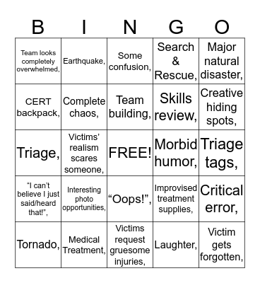 CERT Adventures Bingo Card