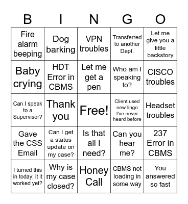 Call Center BINGO Card