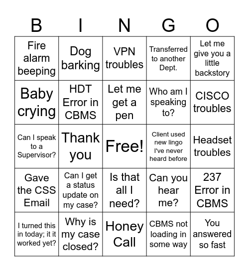 Call Center BINGO Card