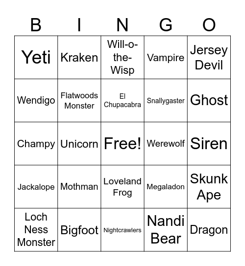 Cryptid Bingo Card