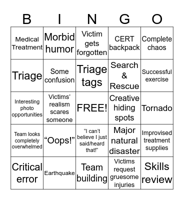 CERT Adventures Bingo Card