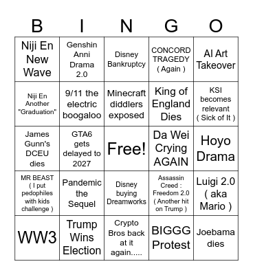 2025 Tragedy Bingo Card