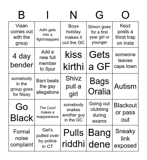 Boys Bingo Card