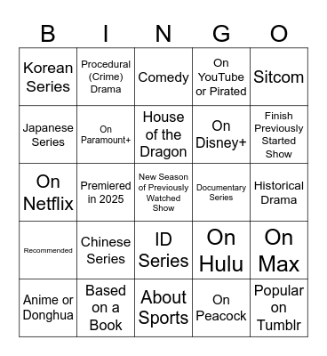 2025 New TV Bingo Card