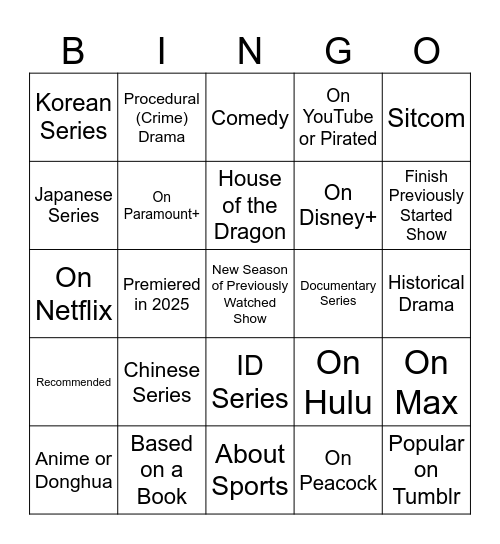 2025 New TV Bingo Card