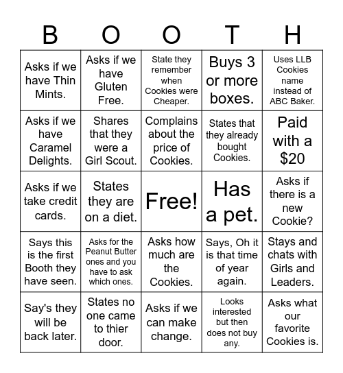 Troop 236 Cookie Booth Bingo Card