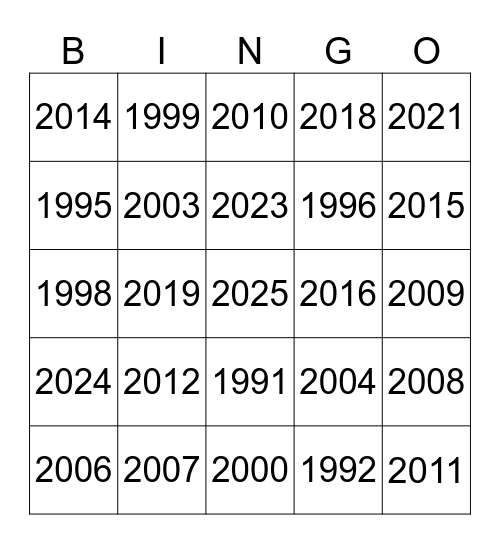 Movies By Year Bingo Card