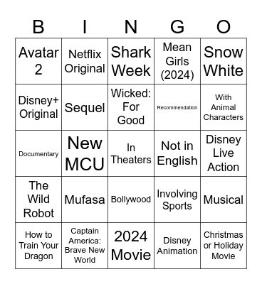 2025 New Movies Bingo Card