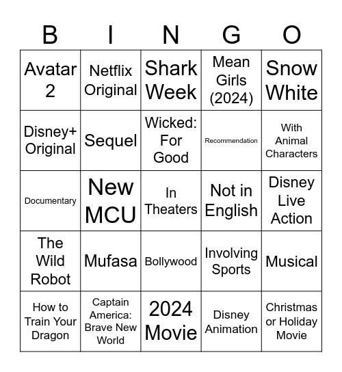 2025 New Movies Bingo Card