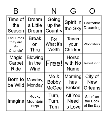 Hippie Vibe Songs - 1 Bingo Card