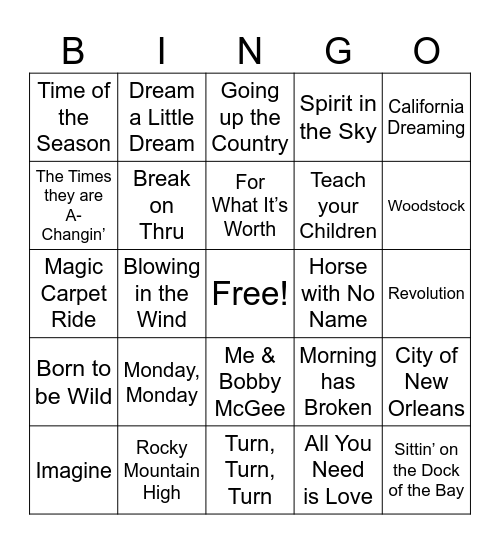 Hippie Vibe Songs - 1 Bingo Card
