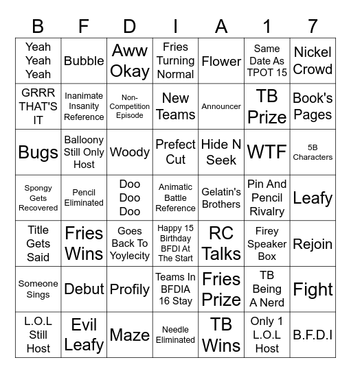 BFDIA 17 Bingo Card