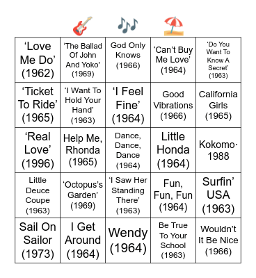 BEATLES VS BEACH BOYS Bingo Card