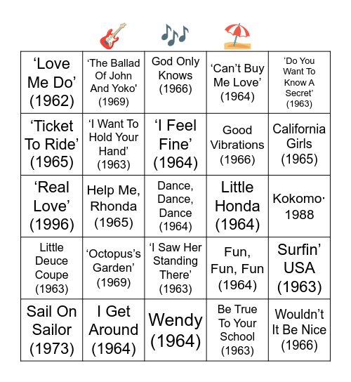 BEATLES VS BEACH BOYS Bingo Card