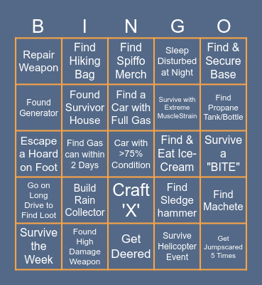 Project Zomboid 1 Week Bingo Card