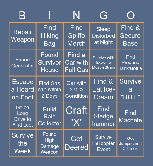 Project Zomboid 1 Week Bingo Card