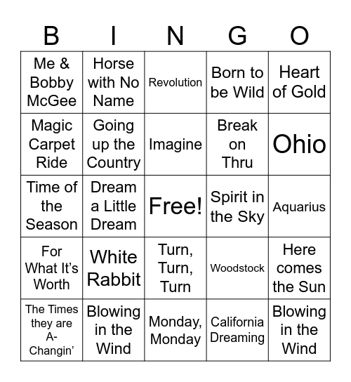 Hippie Vibe Songs - 1 Bingo Card