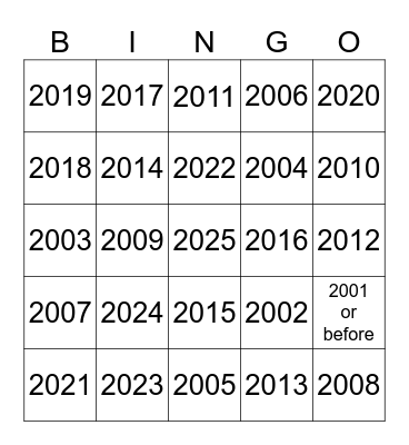 Movies By Year Bingo Card