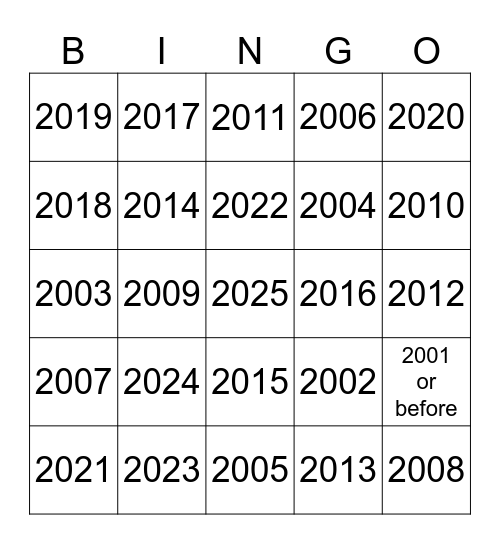 Movies By Year Bingo Card