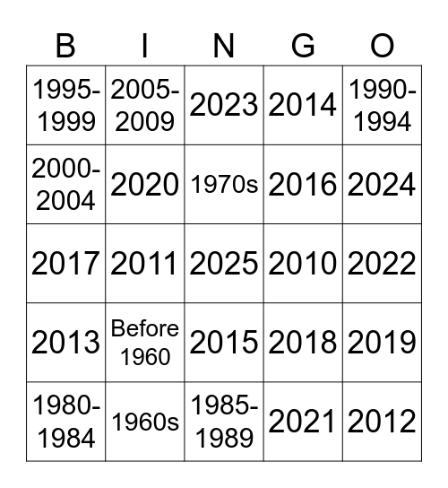 Books By Year/Decade Bingo Card