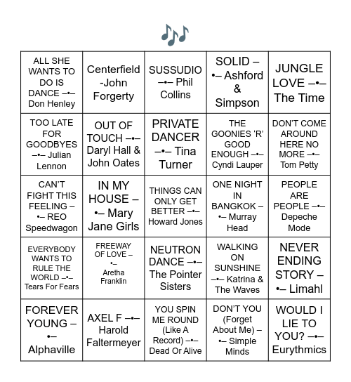 SONGS FROM 1985 Bingo Card