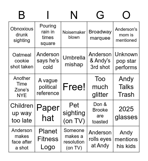 Andy/Anderson CNN NYE 2025 Bingo Card