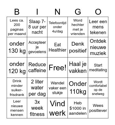 New Year's Resolution BINGO Card