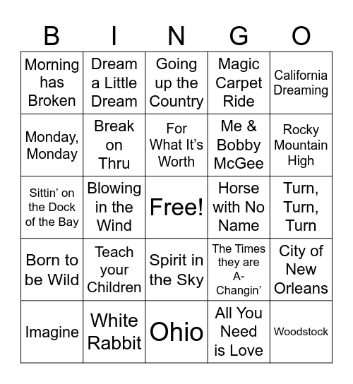 Hippie Vibe Songs - 1 Bingo Card