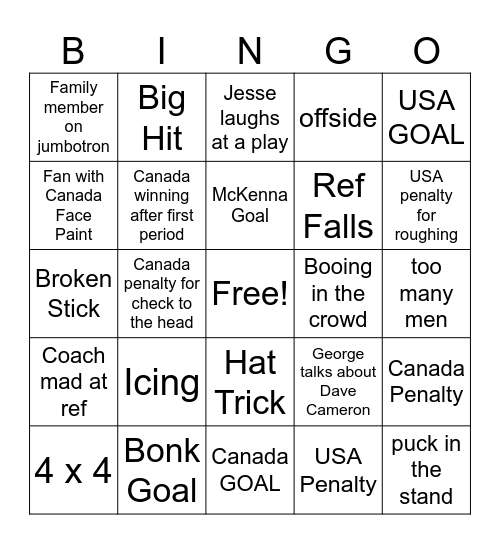 Orser NYE Hockey Bingo Card