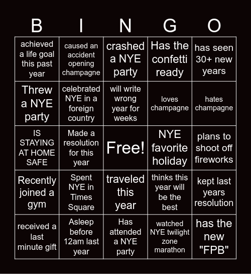 virtual new years bingo Card