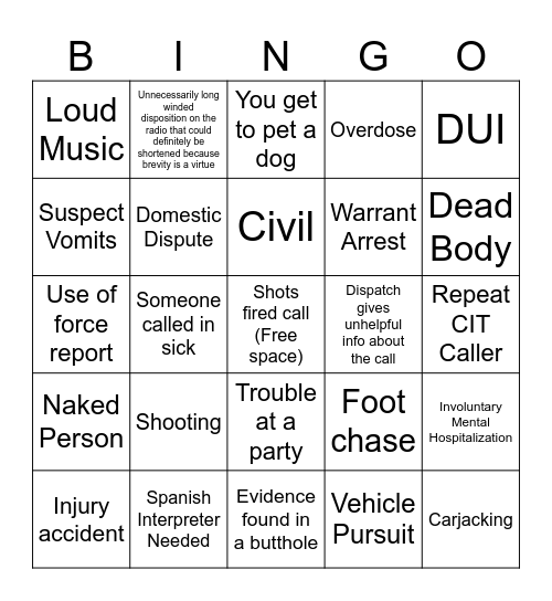 New Years Eve Cop BINGO Card
