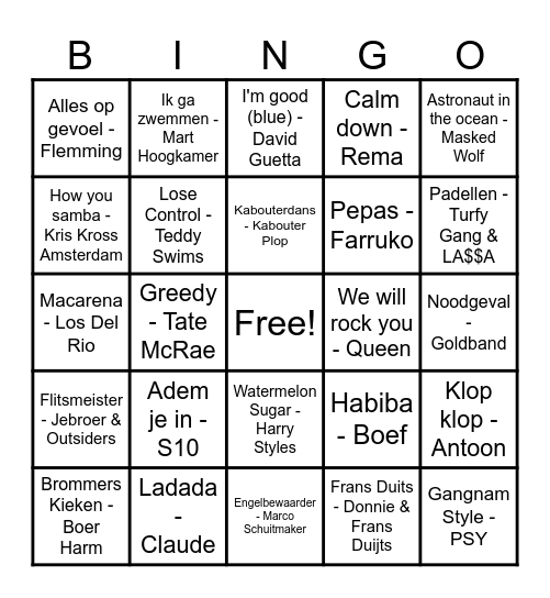 Muziek Bingo Card