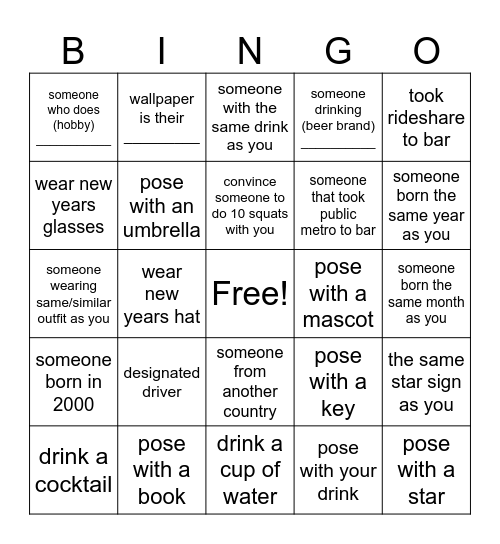 Bar Bingo Card