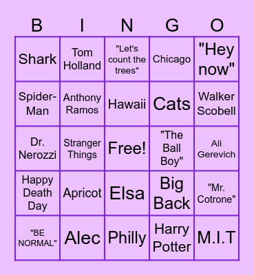Ayza's 15th Birthday Bingo Card