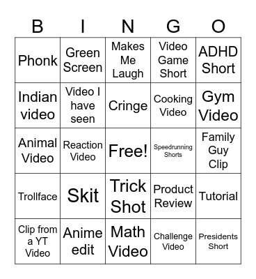 YT Shorts Bingo Card