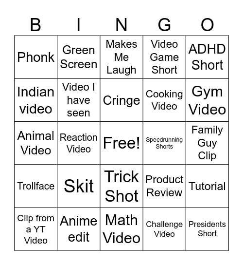 YT Shorts Bingo Card