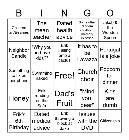 Things Mom would Say Bingo Card