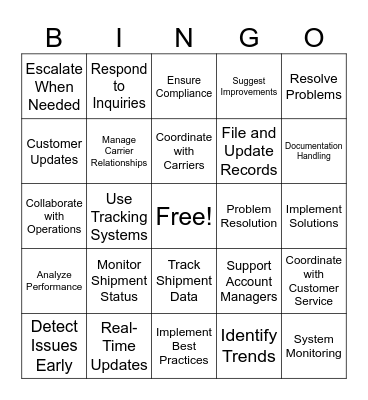 Track & Trace Role and Responsibilities Bingo Card