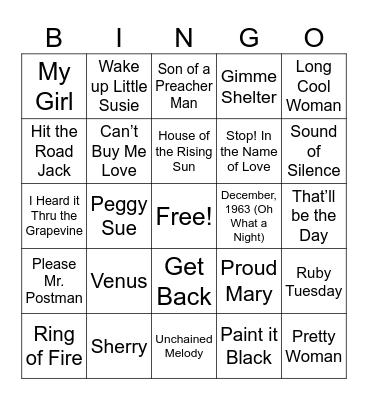 Songs from the 60's & 70's - 1 Bingo Card