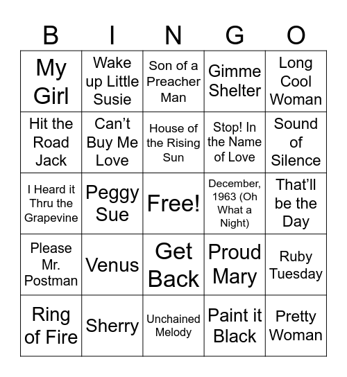 Songs from the 60's & 70's - 1 Bingo Card