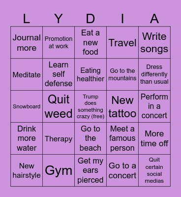 Lydia's 2025 Goals Bingo Card