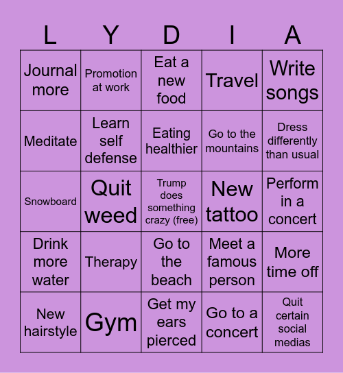 Lydia's 2025 Goals Bingo Card